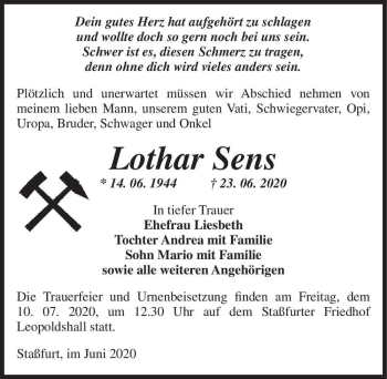 Traueranzeige von Lothar Sens  von Magdeburger Volksstimme