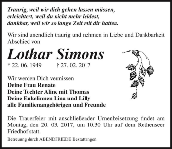Traueranzeige von Lothar Simons  von Magdeburger Volksstimme