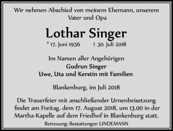 Traueranzeige von Lothar Singer  von Magdeburger Volksstimme
