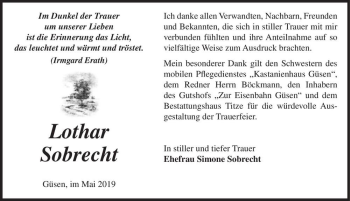 Traueranzeige von Lothar Sobrecht  von Magdeburger Volksstimme