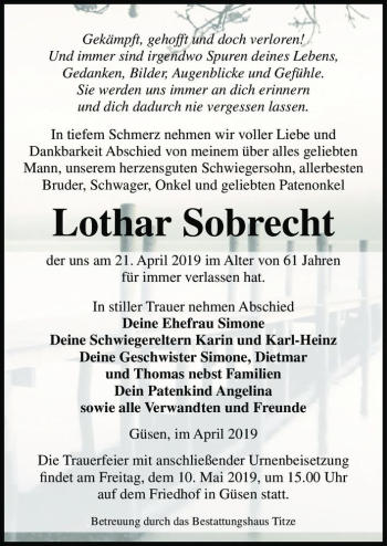 Traueranzeige von Lothar Sorbrecht  von Magdeburger Volksstimme