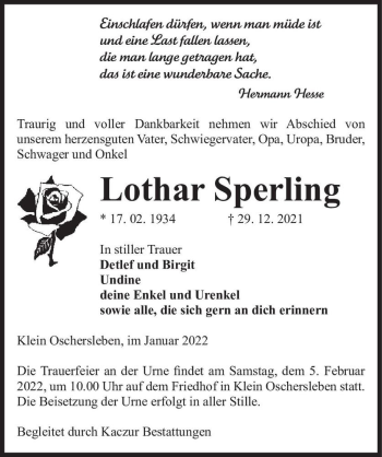 Traueranzeige von Lothar Sperling  von Magdeburger Volksstimme