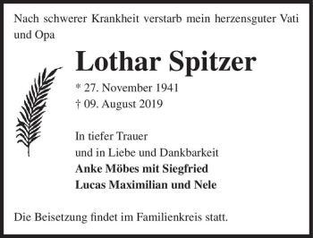 Traueranzeige von Lothar Spitzer  von Magdeburger Volksstimme