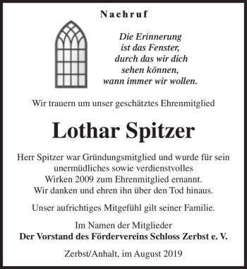 Traueranzeige von Lothar Spitzer  von Magdeburger Volksstimme