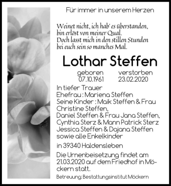 Traueranzeige von Lothar Steffen  von Magdeburger Volksstimme