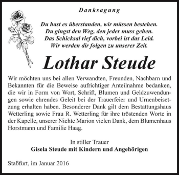 Traueranzeige von Lothar Steude  von Magdeburger Volksstimme