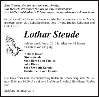 Traueranzeige von Lothar Steude  von Magdeburger Volksstimme