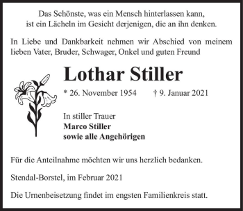 Traueranzeige von Lothar Stiller  von Magdeburger Volksstimme