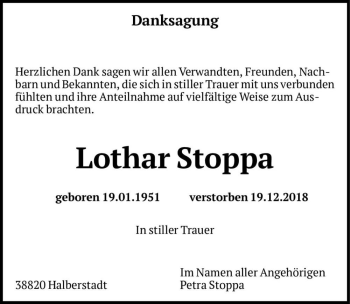Traueranzeige von Lothar Stoppa  von Magdeburger Volksstimme