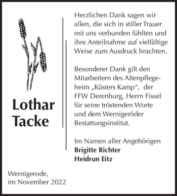Traueranzeige von Lothar Tacke  von Magdeburger Volksstimme