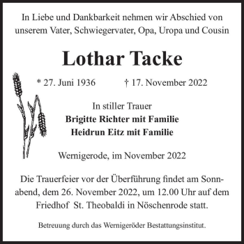 Traueranzeige von Lothar Tacke  von Magdeburger Volksstimme