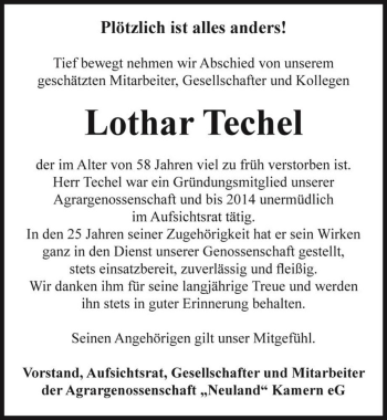 Traueranzeige von Lothar Techel  von Magdeburger Volksstimme