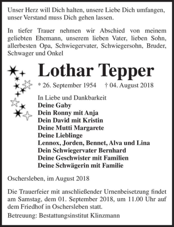 Traueranzeige von Lothar Tepper  von Magdeburger Volksstimme