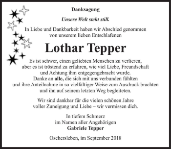 Traueranzeige von Lothar Tepper  von Magdeburger Volksstimme