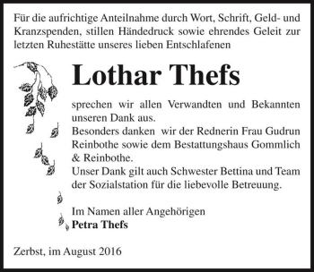 Traueranzeige von Lothar Thefs  von Magdeburger Volksstimme
