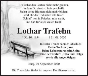 Traueranzeige von Lothar Trafehn  von Magdeburger Volksstimme