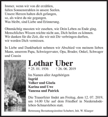 Traueranzeige von Lothar Uber  von Magdeburger Volksstimme