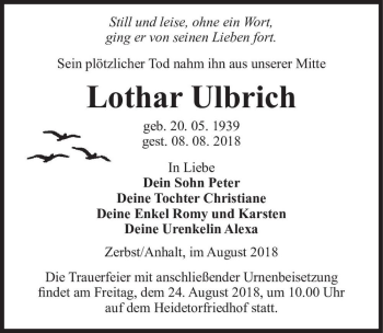 Traueranzeige von Lothar Ulbrich  von Magdeburger Volksstimme