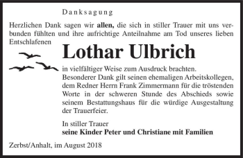 Traueranzeige von Lothar Ulbrich  von Magdeburger Volksstimme