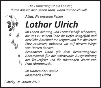 Traueranzeige von Lothar Ulrich  von Magdeburger Volksstimme