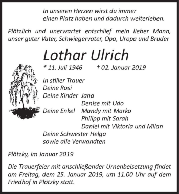Traueranzeige von Lothar Ulrich  von Magdeburger Volksstimme