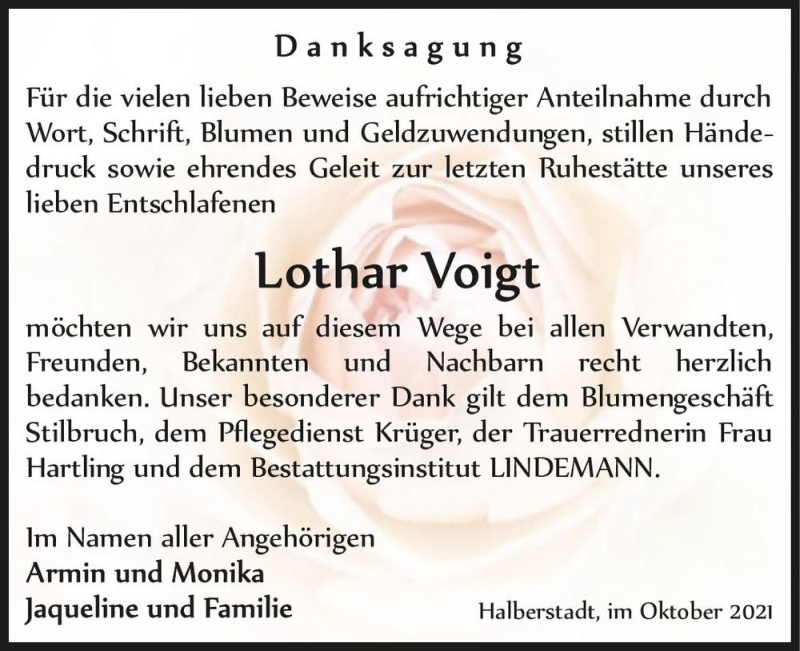  Traueranzeige für Lothar Voigt  vom 16.10.2021 aus Magdeburger Volksstimme