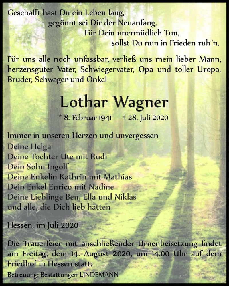  Traueranzeige für Lothar Wagner  vom 01.08.2020 aus Magdeburger Volksstimme