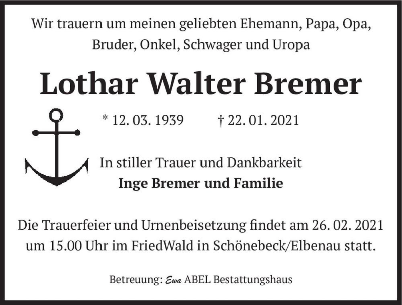  Traueranzeige für Lothar Walter Bremer  vom 20.02.2021 aus Magdeburger Volksstimme