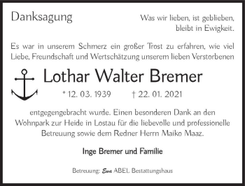 Traueranzeige von Lothar Walter Bremer  von Magdeburger Volksstimme