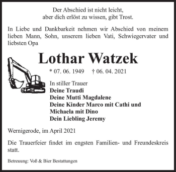 Traueranzeige von Lothar Watzek  von Magdeburger Volksstimme