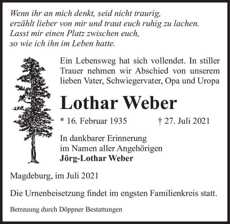  Traueranzeige für Lothar Weber  vom 31.07.2021 aus Magdeburger Volksstimme