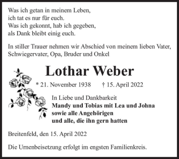 Traueranzeige von Lothar Weber  von Magdeburger Volksstimme