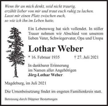 Traueranzeige von Lothar Weber  von Magdeburger Volksstimme