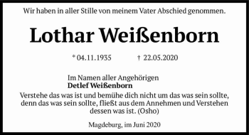 Traueranzeige von Lothar Weißenborn  von Magdeburger Volksstimme