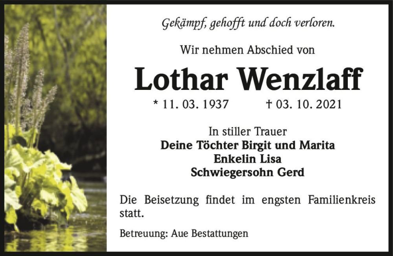  Traueranzeige für Lothar Wenzlaff  vom 09.10.2021 aus Magdeburger Volksstimme