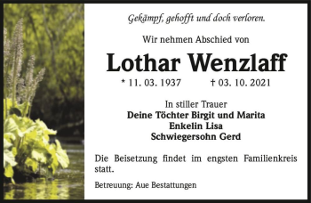Traueranzeige von Lothar Wenzlaff  von Magdeburger Volksstimme