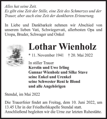 Traueranzeige von Lothar Wienholz  von Magdeburger Volksstimme