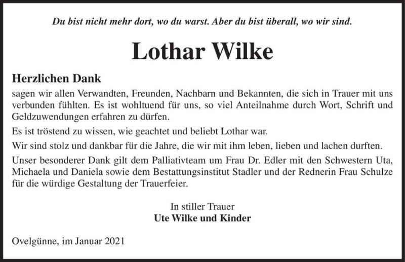  Traueranzeige für Lothar Wilke  vom 30.01.2021 aus Magdeburger Volksstimme