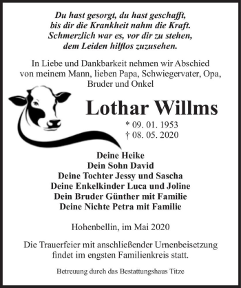 Traueranzeige von Lothar Willms  von Magdeburger Volksstimme
