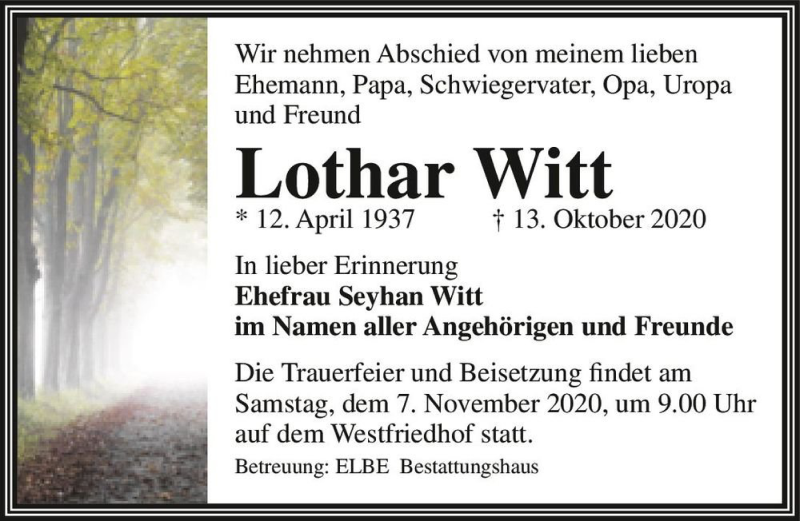  Traueranzeige für Lothar Witt  vom 30.10.2020 aus Magdeburger Volksstimme