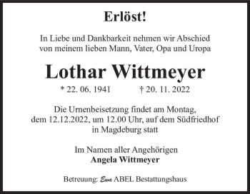 Traueranzeige von Lothar Wittmeyer  von Magdeburger Volksstimme