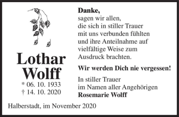 Traueranzeige von Lothar Wolff  von Magdeburger Volksstimme