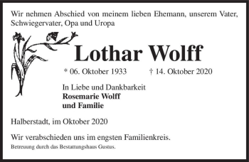 Traueranzeige von Lothar Wolff  von Magdeburger Volksstimme