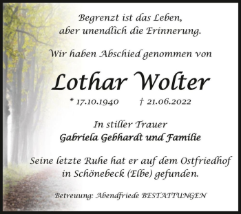 Traueranzeige von Lothar Wolter  von Magdeburger Volksstimme