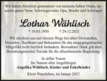 Traueranzeige von Lothar Wählisch  von Magdeburger Volksstimme