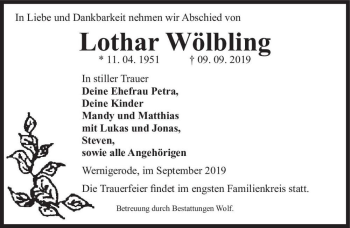 Traueranzeige von Lothar Wölbling  von Magdeburger Volksstimme