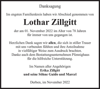 Traueranzeige von Lothar Zillgitt  von Magdeburger Volksstimme