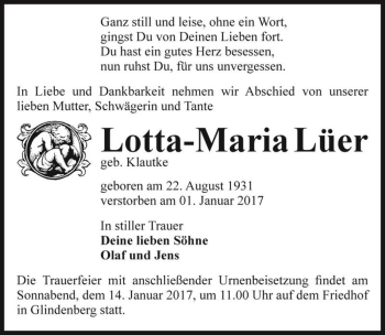 Traueranzeige von Lotta-Maria Lüer (geb. Klautke)  von Magdeburger Volksstimme