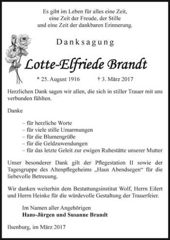 Traueranzeige von Lotte-Elfriede Brandt  von Magdeburger Volksstimme