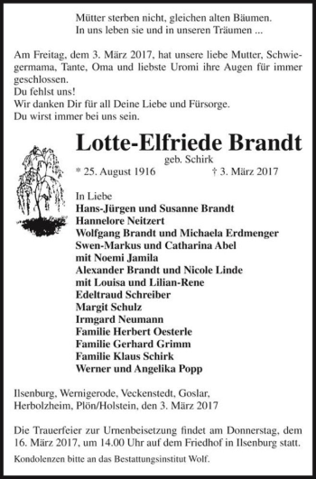 Traueranzeige von Lotte-Elfriede Brandt (geb. Schirk)  von Magdeburger Volksstimme